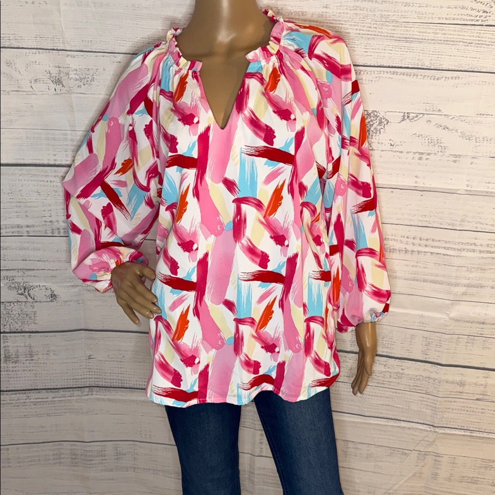 NWOT Pink Abstract Print V-Neck Long Sleeve Women's Top - Picture 4 of 6